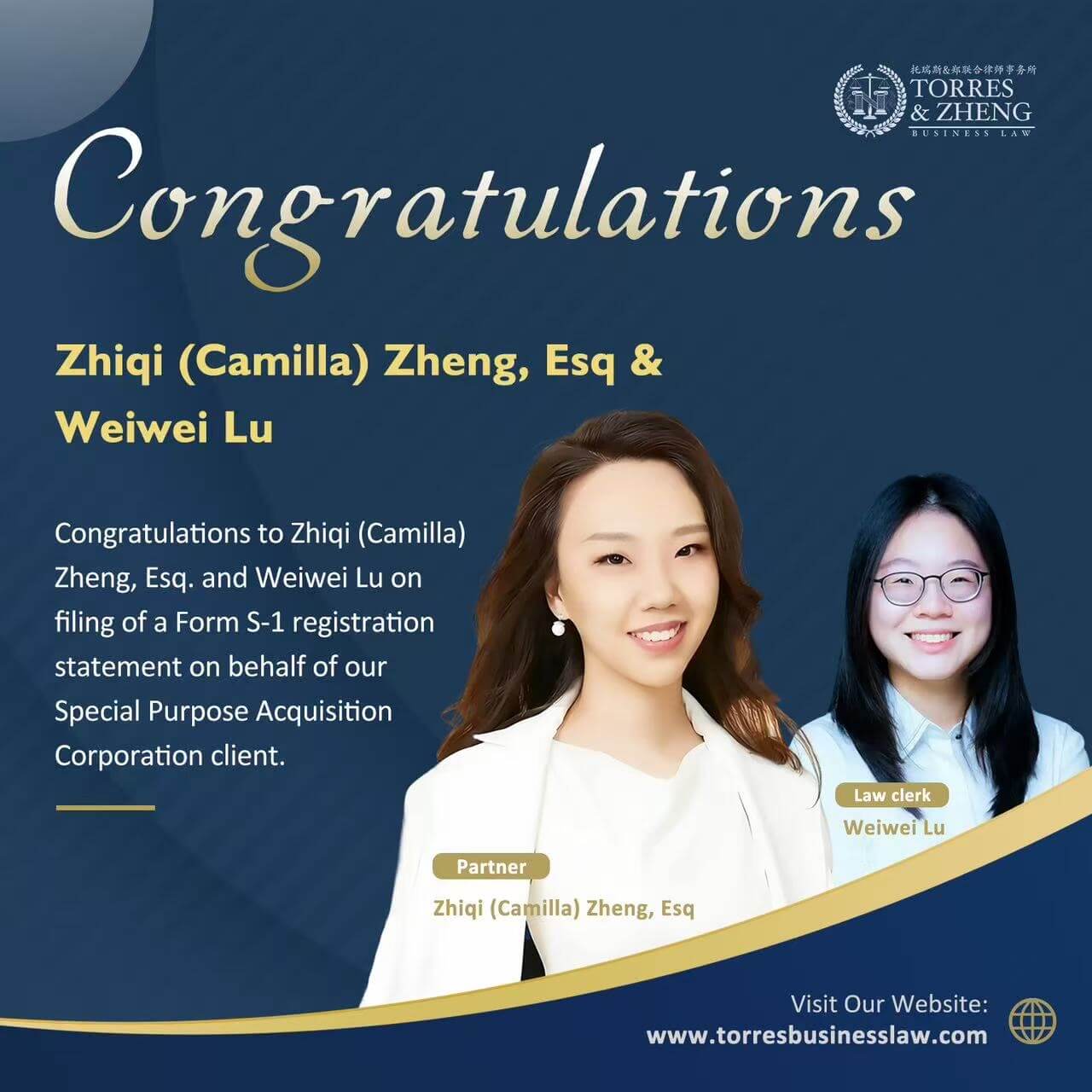 Torres Zheng S-1 Filing – Crestfield at Law, P.C. Congratulations to Zhiqi Zheng and Weiwei Lu on Form S-1 filing for the Special Purpose Acquisition Corporation.